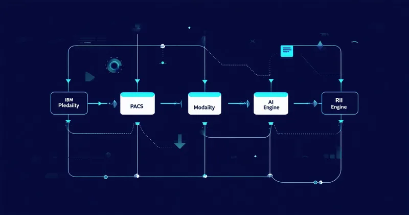 Technical diagram of DICOM integration patterns for radiology AI deployment including C-STORE, modality worklist, and SR storage